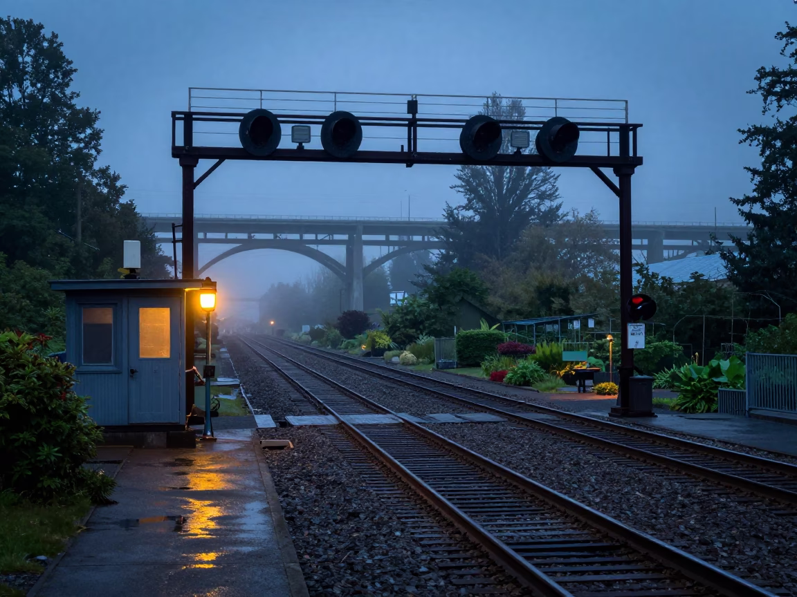 Predawn Railway Signal Gantry and Switch Tracks in Misty Portland Oregon in in Portland, Oregon, United States
