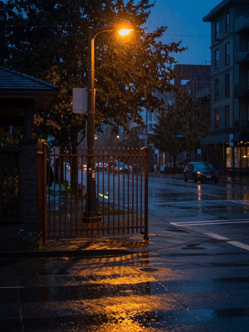 Predawn Rain in Vancouver at The Predawn Darkness Light in in Vancouver, British Columbia, Canada