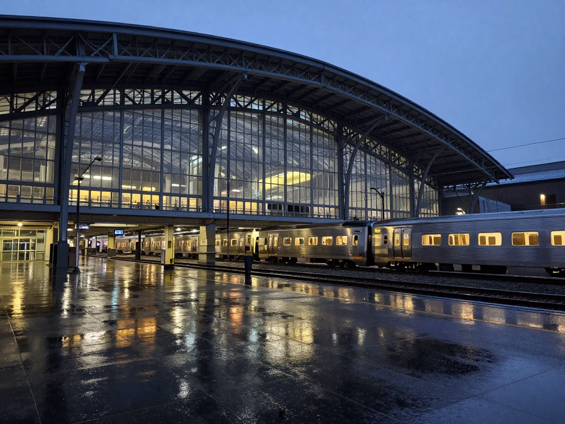 Predawn Rain Reflections on Seattle Glass and Steel Train Station Arched Roof in in Seattle, Washington, United States