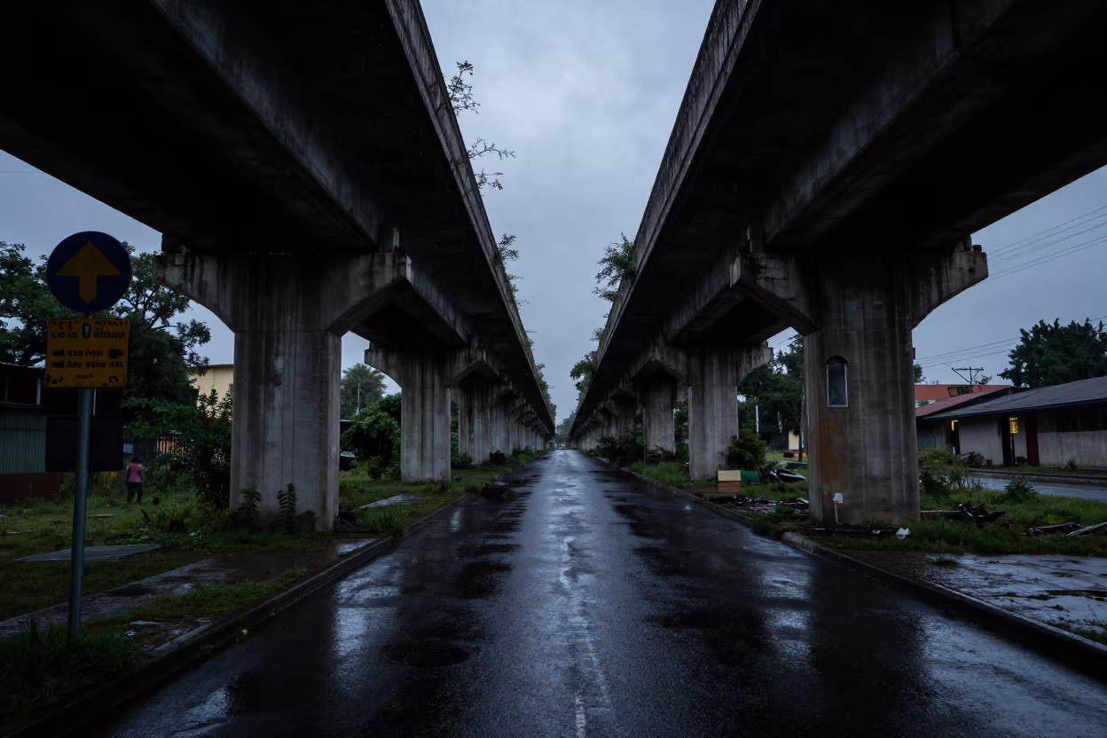 Predawn Rain Under Loja Overpass Weeds in at a tram stop in Loja