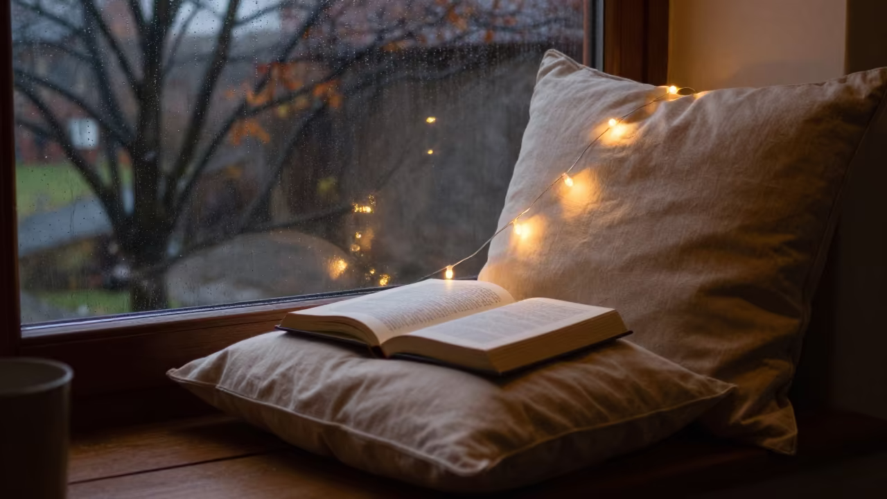 Predawn Reading Nook With String Lights And Rain in beside a rain-streaked window near Oviedo