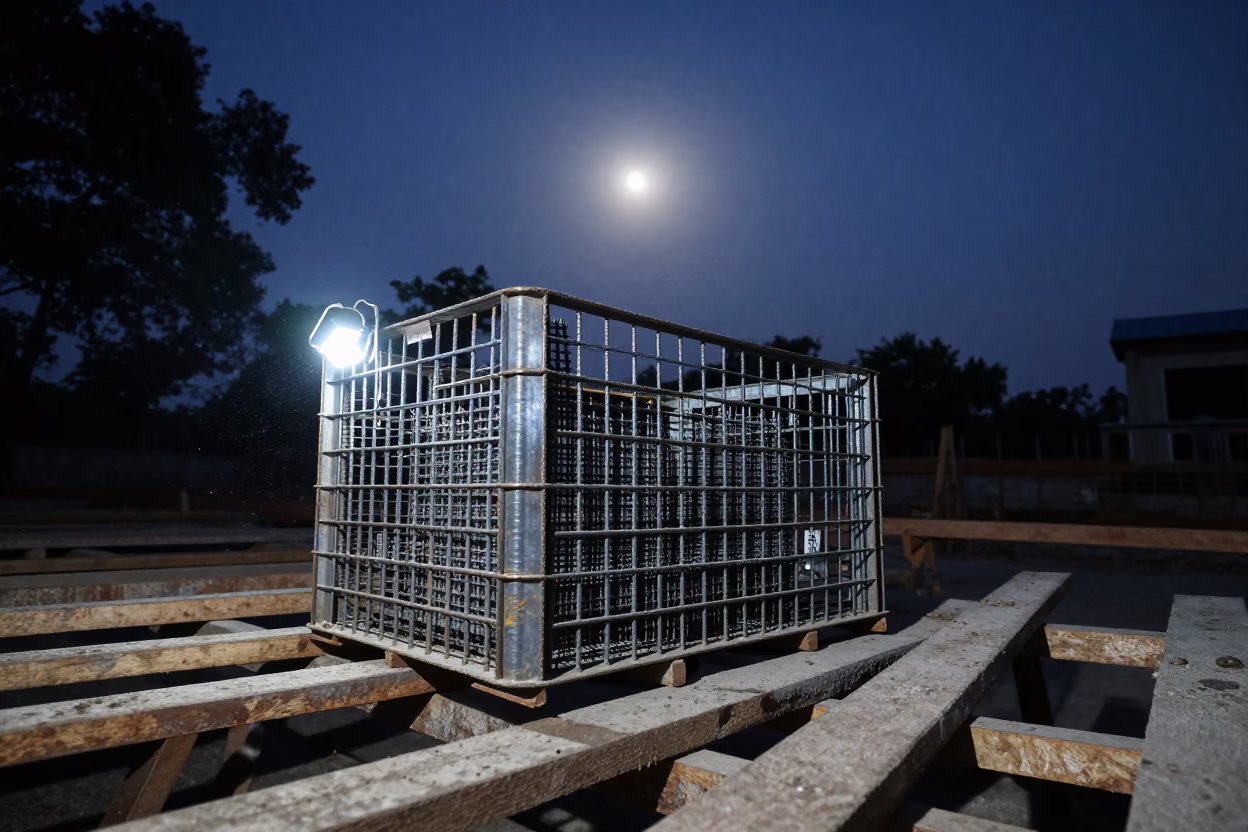 Predawn Rebar Cap Crate on Dehradun Scaffold in along a scaffolded facade near Dehradun