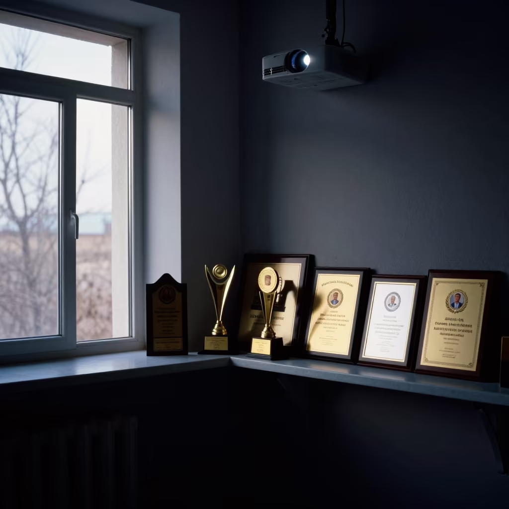 Predawn Recognition Shelf Under Projector Glow in on a painted display ledge near Taldyqorğan