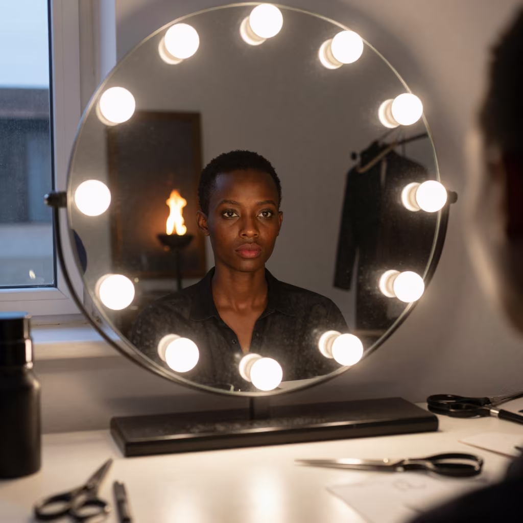 Predawn Reflection in Dakar Tailoring Mirror in at a tailoring table strewn with chalk and shears in Almadies, Dakar