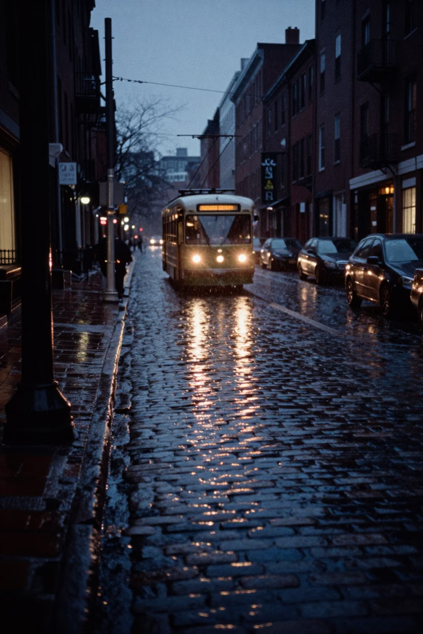 Predawn Reflections of Boston Cobblestones and Tramcar in Rain in in Boston, Massachusetts, United States