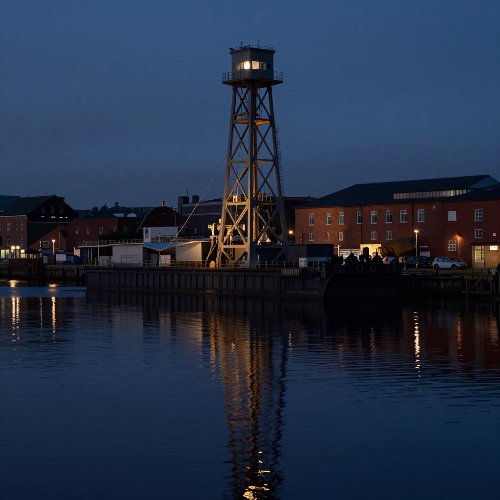 Predawn Reflections of Bristol Floating Harbour Drawbridge Counterweight Tower in Oil-Slick Water in in Bristol, United Kingdom