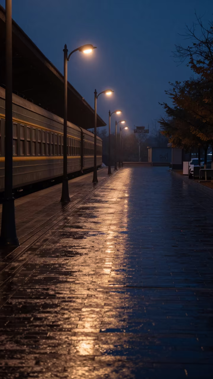 Predawn Reflections on Wet Cobblestones in inside a restored train terminal near Pingyao