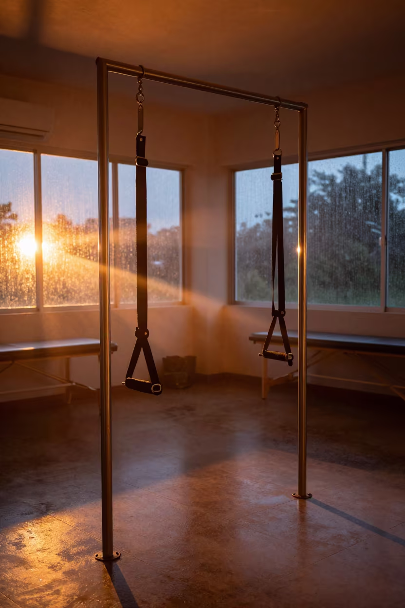 Predawn Rehab Gym Hook Rail Before Patients Arrive in inside a rehab gym prepared for the first patients near Kulim