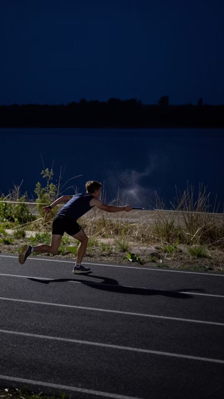 Predawn Relay Runner Reaching for Baton in by a riverbank near Varna