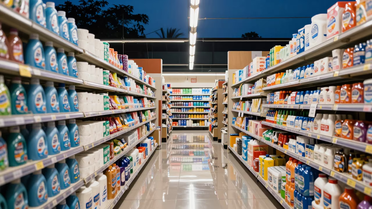 Predawn Retail Endcap with Wet Season Glow in inside a storefront display zone in Pingtung