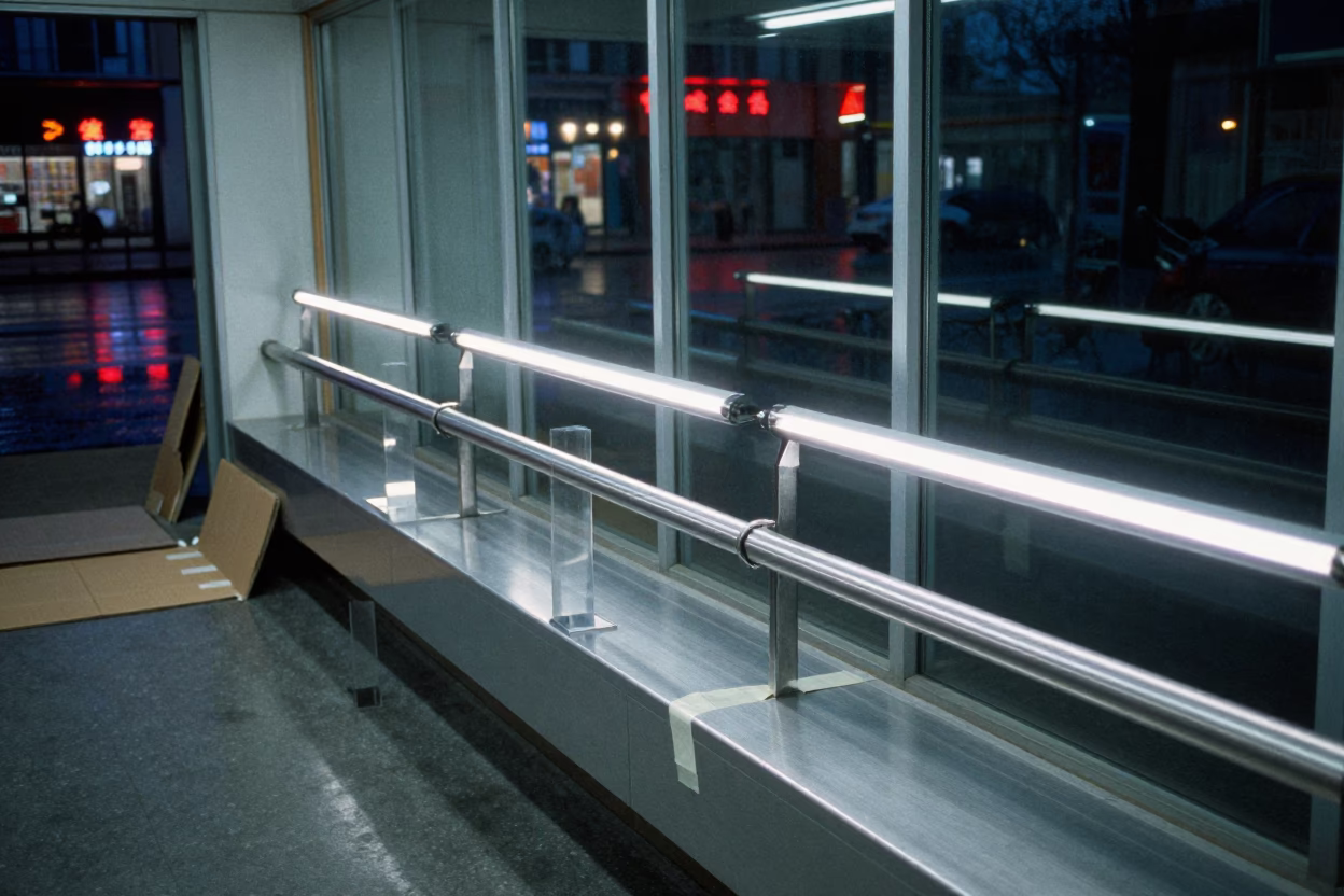 Predawn Retail Fitting Room Rail with Tape in inside a stockroom behind the sales floor near Pyongyang