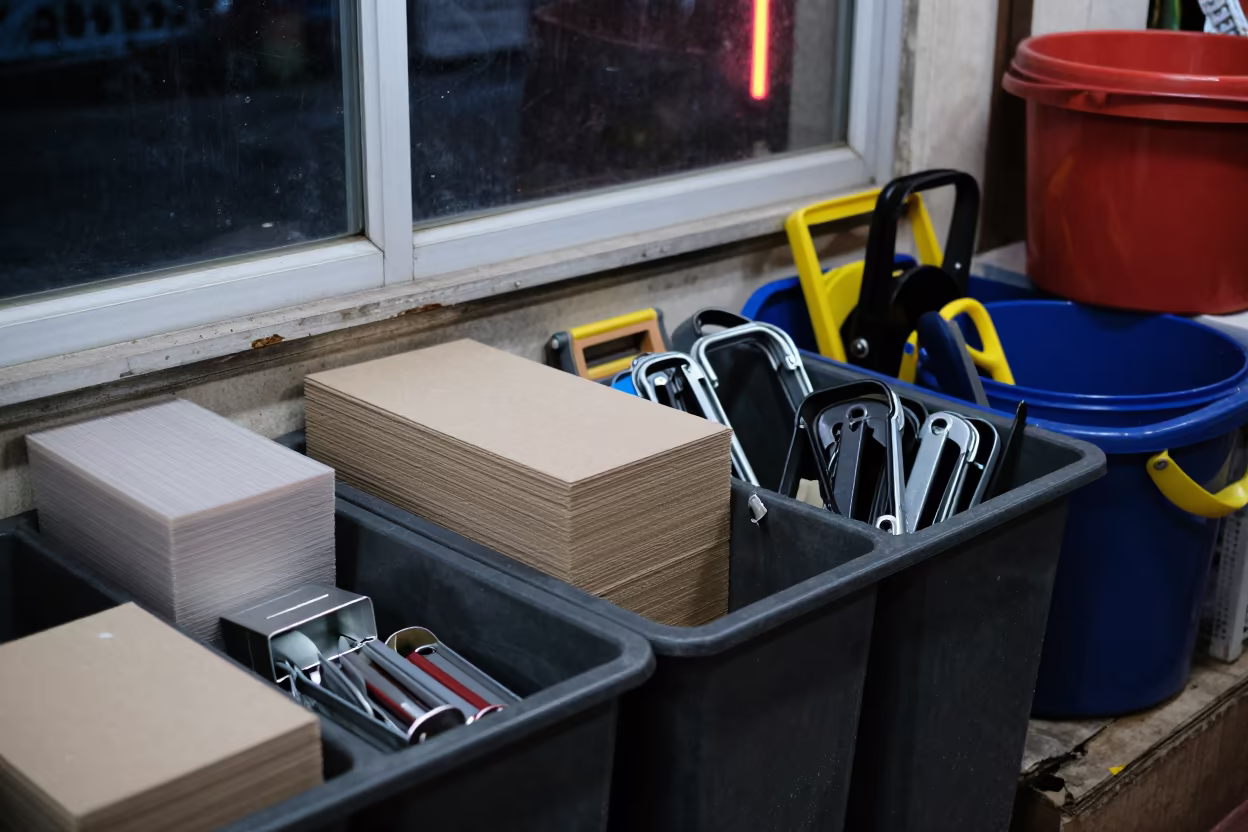 Predawn Retail Prep with Clip Bin and Tools in inside a storefront prepared for opening near Muzaffarnagar