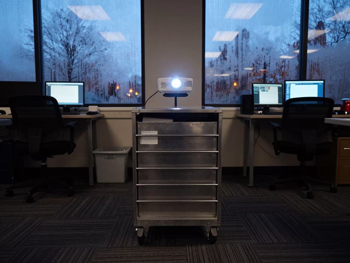 Predawn Return Parcel Tray in Saskatoon Operations Center in in an operations center under monitor glow in Saskatoon