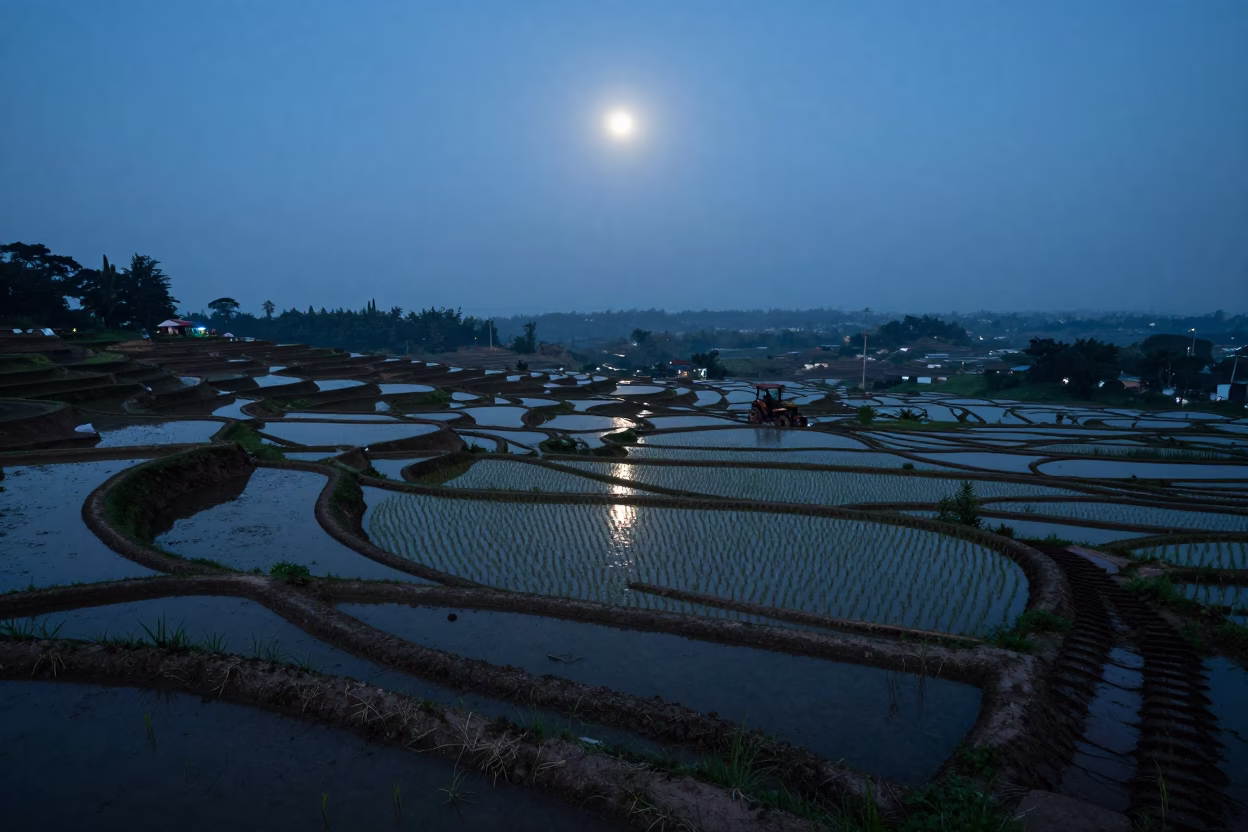 Predawn Rice Terraces Shining in Moonlight in beside a tractor track through dark soil in Glodok, Jakarta