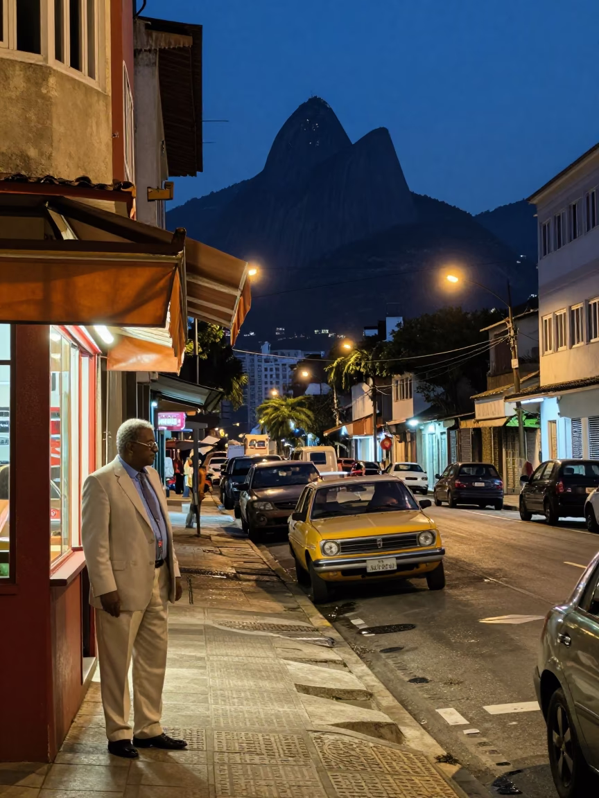 Predawn Rio de Janeiro Street Scene with Vintage 1950s Elements and Local Details in in Rio de Janeiro, Brazil
