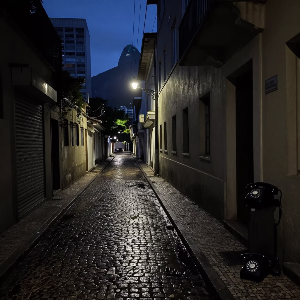 Predawn Rio de Janeiro Street Scene with Vintage Bakelite Telephone and Glass Bottles in in Rio de Janeiro, Brazil