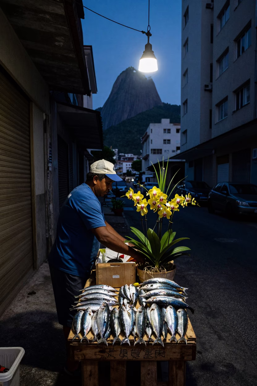 Predawn Rio Street Vendor Preparing Tropical Orchids and Sardines for Market in in Rio de Janeiro, Brazil