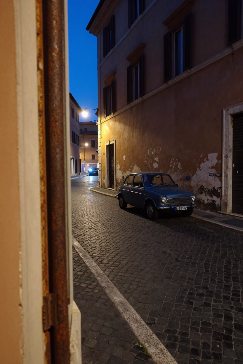 Predawn Rome Italy street scene with rusted window frame and empty urban architecture in in Rome, Italy