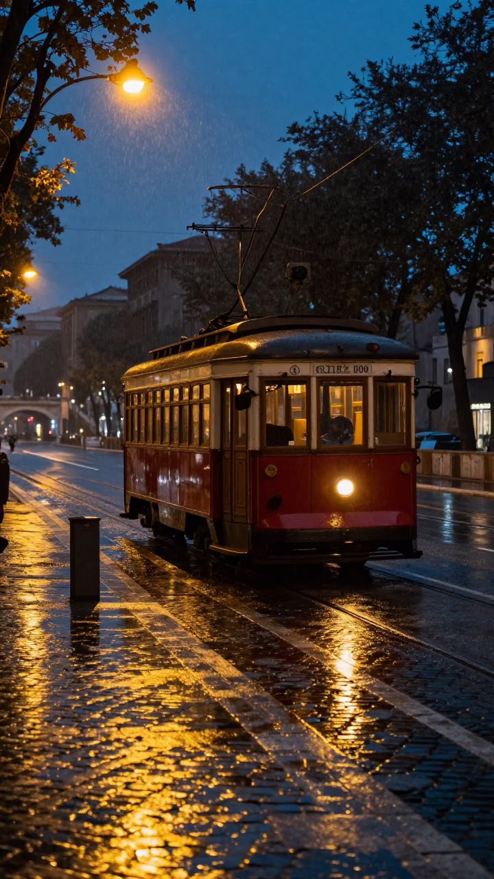 Predawn Rome Italy Street Scene with Vintage Trolley and Rain-Slicked Cobblestones in in Rome, Italy