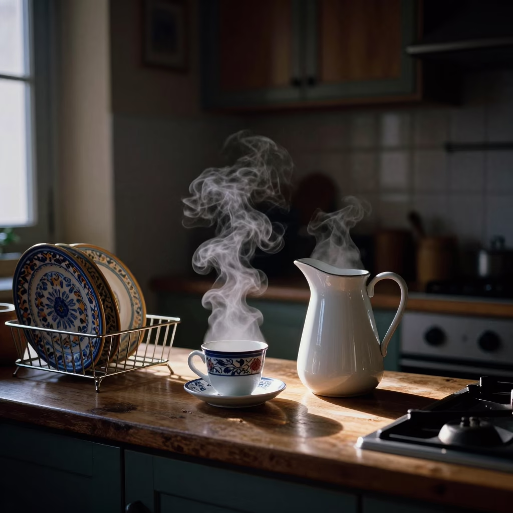 Predawn Rome Kitchen Interior with Steam and Enamel Pitcher in in Rome, Italy