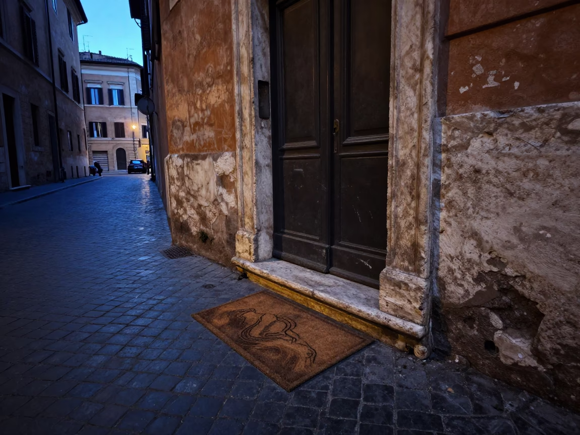 Predawn Rome Street Corner with Doormat and Quiet Urban Details in in Rome, Italy