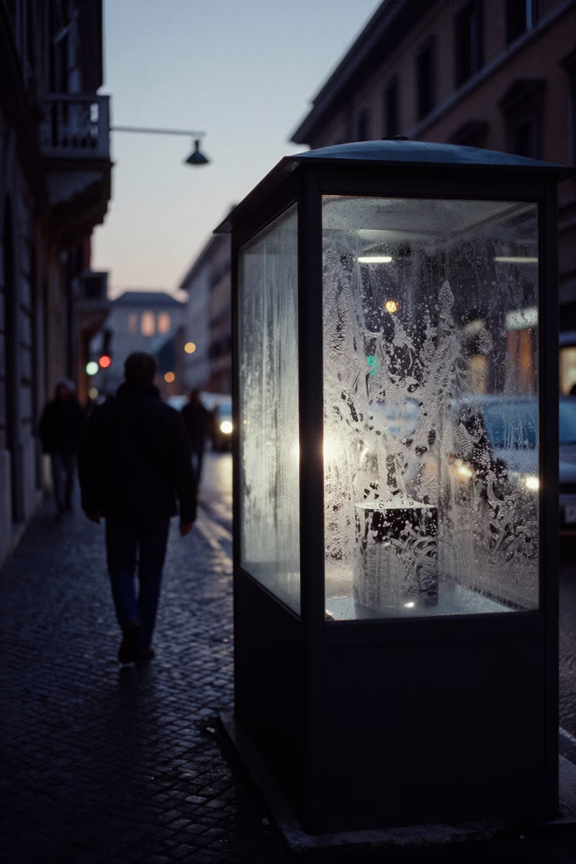 Predawn Rome Street Scene with Condensation on Glass and Urban Architecture in in Rome, Italy