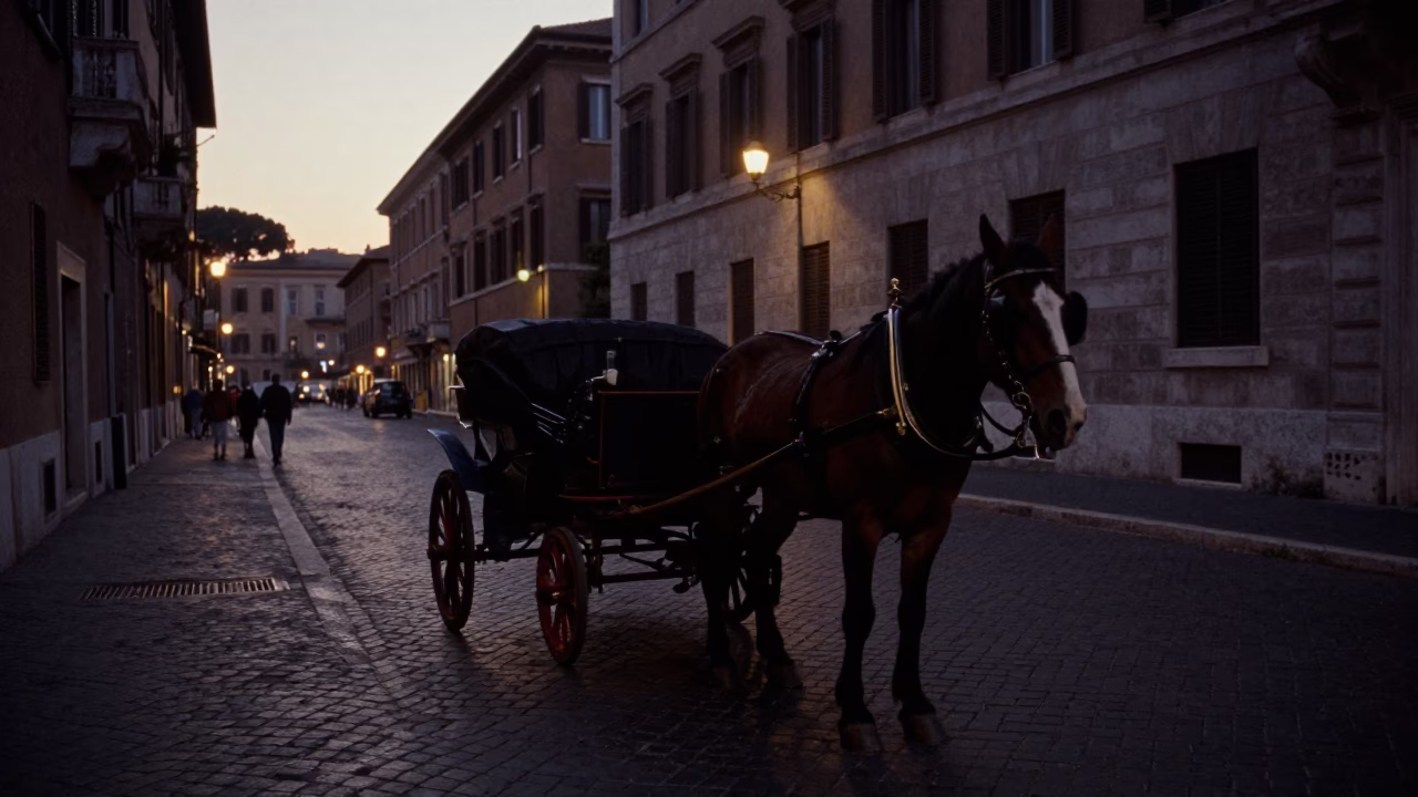 Predawn Rome Street Scene with Horse-Drawn Cart on Cobblestones in in Rome, Italy