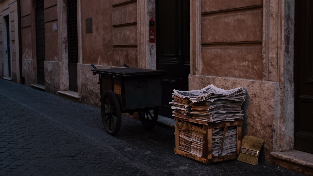Predawn Rome Street Scene with Newspaper Stack and Brushed Steel Basin in in Rome, Italy