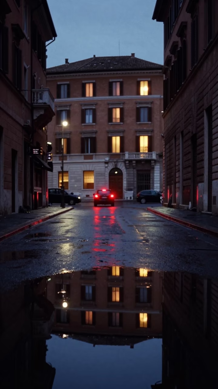 Predawn Rome Street Scene with Puddle Reflections of Hotel Windows and Tail Lights in in Rome, Italy