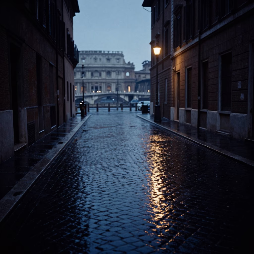 Predawn Rome Street Scene with Rain-Slicked Cobblestones and Distant Bridge in in Rome, Italy