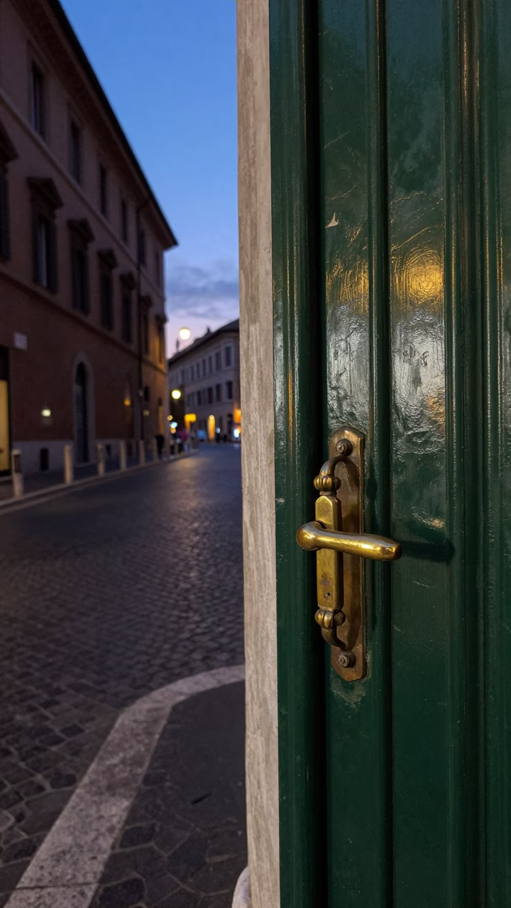 Predawn Rome Street Scene with Vintage Door Handle and Empty Food Plates in in Rome, Italy