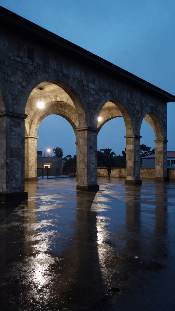 Predawn Roof Terrace Stone Arches Nacala in inside a ribbed concrete lobby near Nacala