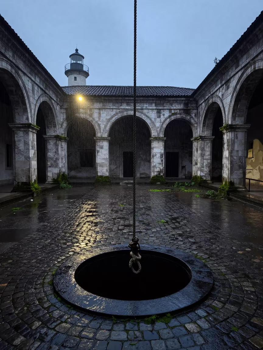 Predawn Rope Into Black Cistern Serbia in through an abandoned ceremonial court in Serbia