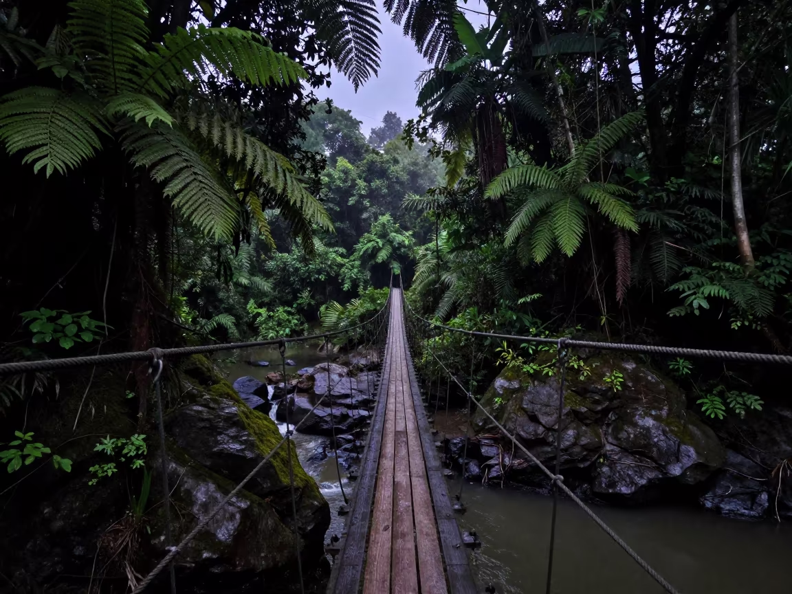 Predawn Rope Bridge Over Jungle Gorge Near Ho Chi Minh in near Thao Dien, Ho Chi Minh City