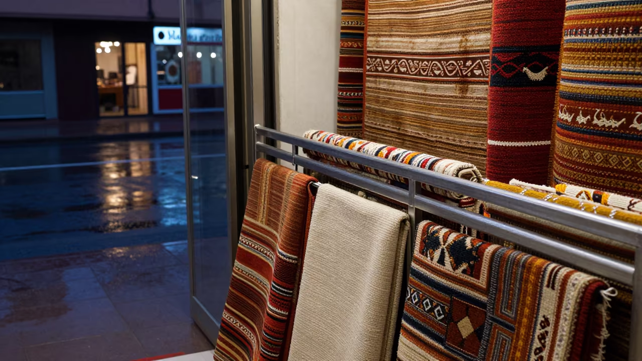 Predawn Rug Sample Rail in Marrakesh Storefront in inside a storefront prepared for opening in Marrakesh