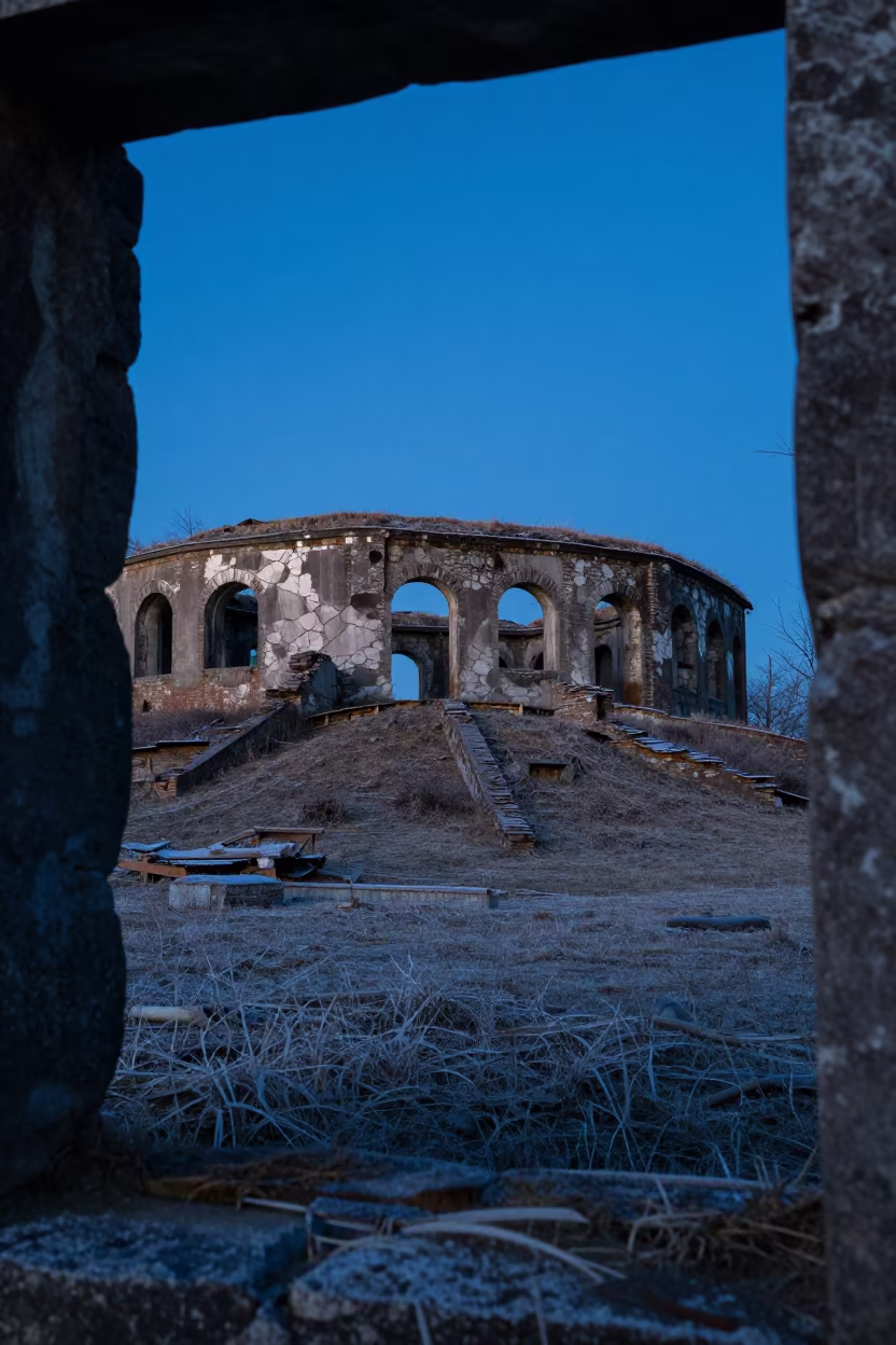 Predawn Ruins of Connecticut Hilltop Fort in among collapsed cloisters in Connecticut