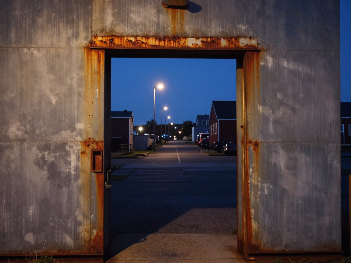 Predawn Rust and Streetlights on a Halifax Industrial Dockside Doorframe in in Halifax, Nova Scotia, Canada