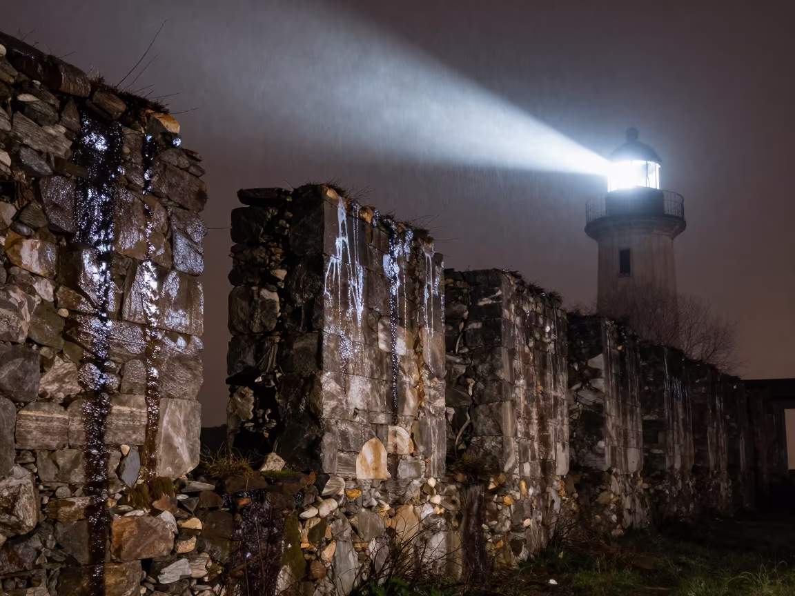 Predawn Salt Blooms on Ruin Wall in among roofless stone chambers in Piedmont