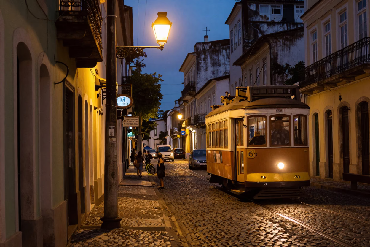 Predawn Salvador Brazil street corner with heritage tram and local vendor in in Salvador, Brazil