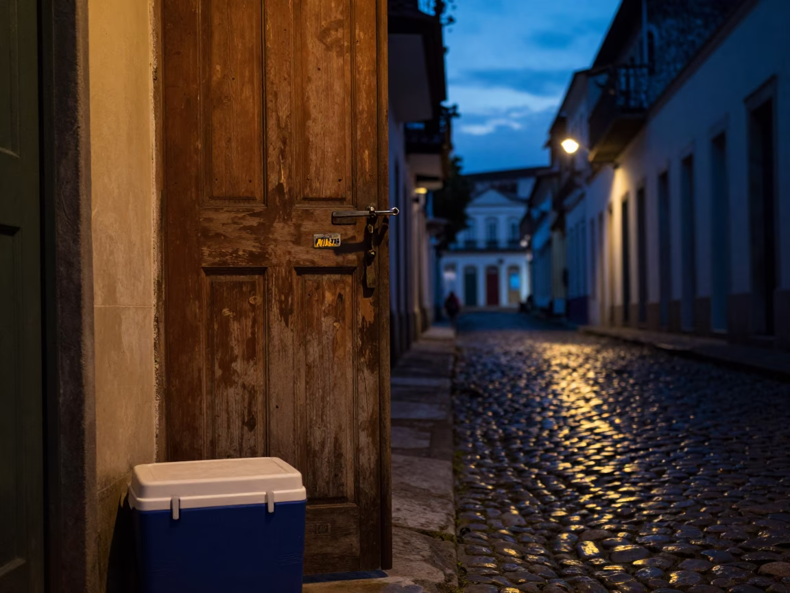 Predawn Salvador Brazil Street Scene with Door Latch and Cooler Jug in in Salvador, Brazil