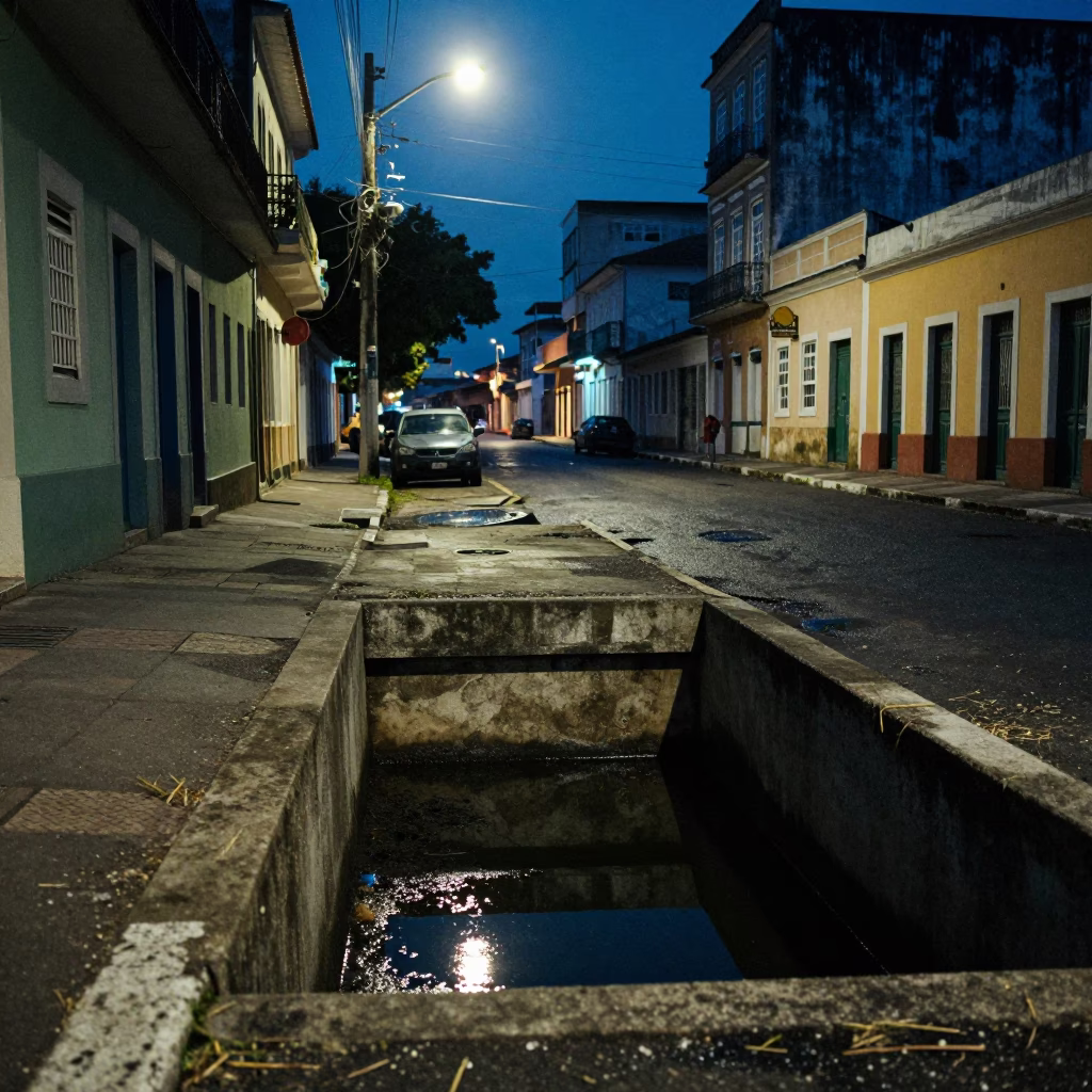 Predawn Salvador Brazil street scene with service tunnel sump reflecting pipework and blinking indicators in in Salvador, Brazil