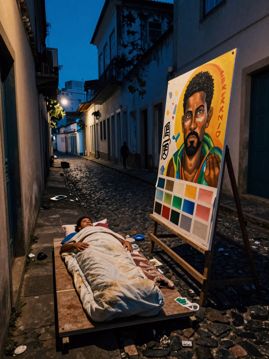 Predawn Salvador Brazil street scene with sleeping bag and muralist swatches in in Salvador, Brazil