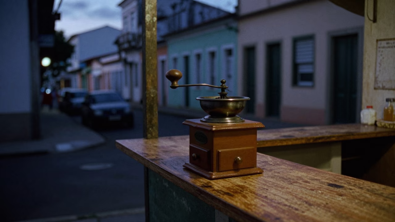 Predawn Salvador Brazil Street Scene with Vintage Coffee Grinder and Rain Glow in in Salvador, Brazil