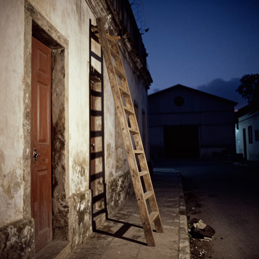 Predawn Salvador Brazil Street Scene with Wooden Ladder and Warehouse Aisle in in Salvador, Brazil