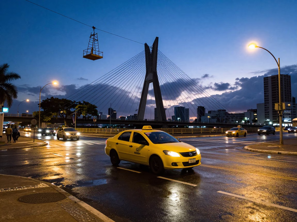 Predawn Salvador Brazil street scene with yellow taxi and bridge maintenance cage in in Salvador, Brazil
