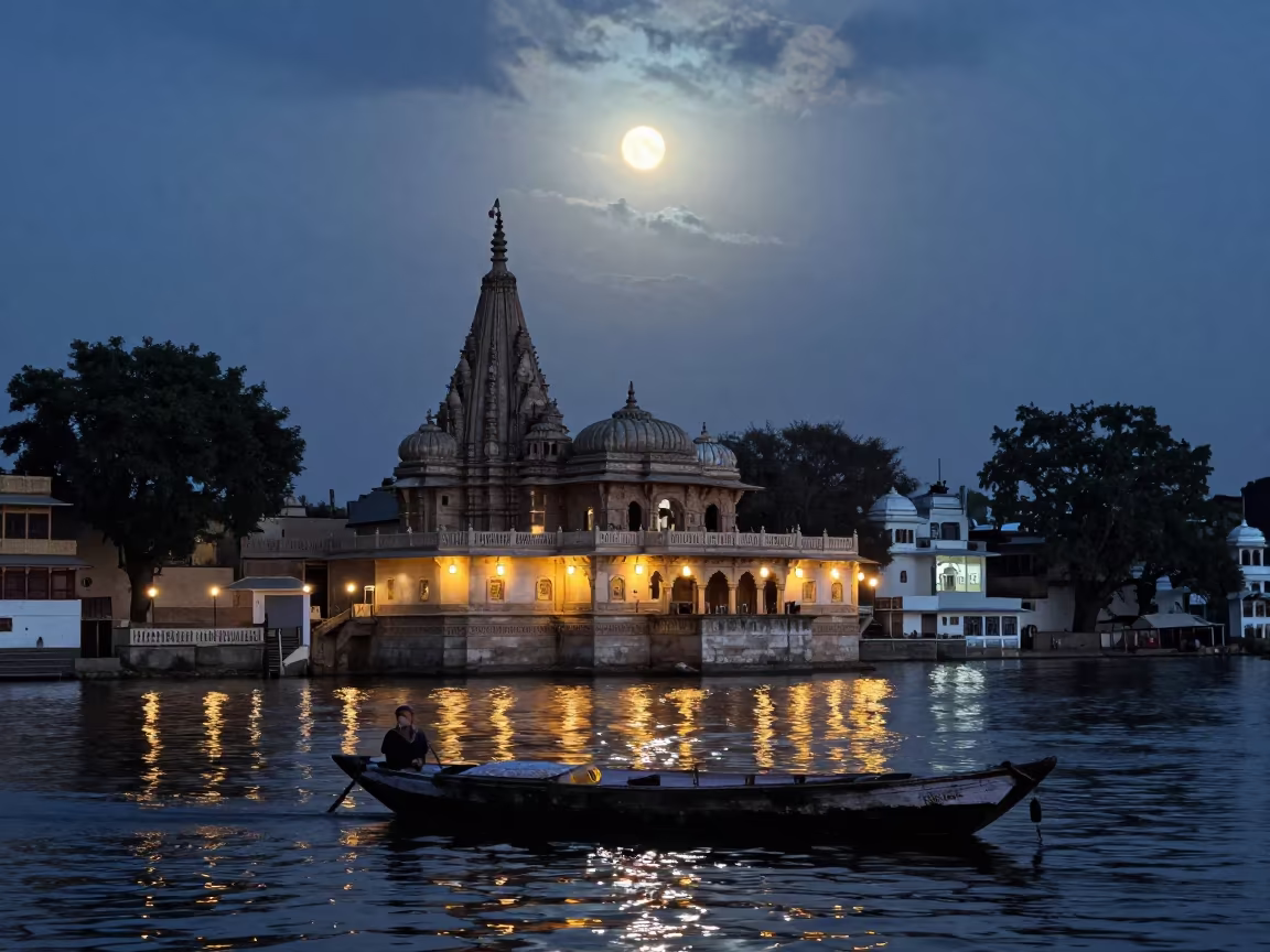 Predawn Sampan in Udaipur Shrine Lanterns in in a shrine lined with lanterns in Udaipur