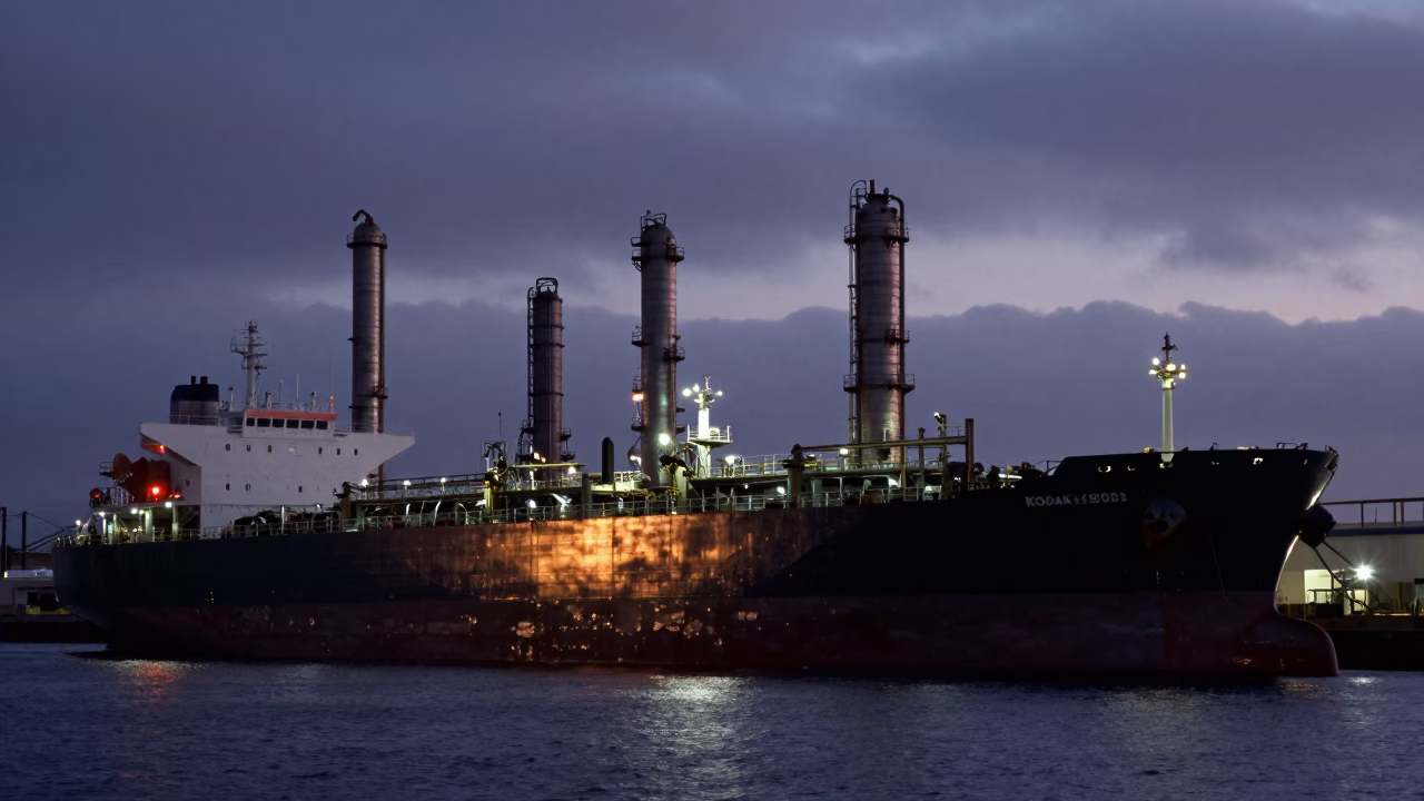 Predawn San Diego Harbor Tanker Ship Refinery Dock Condensation Glass in in San Diego, California, United States