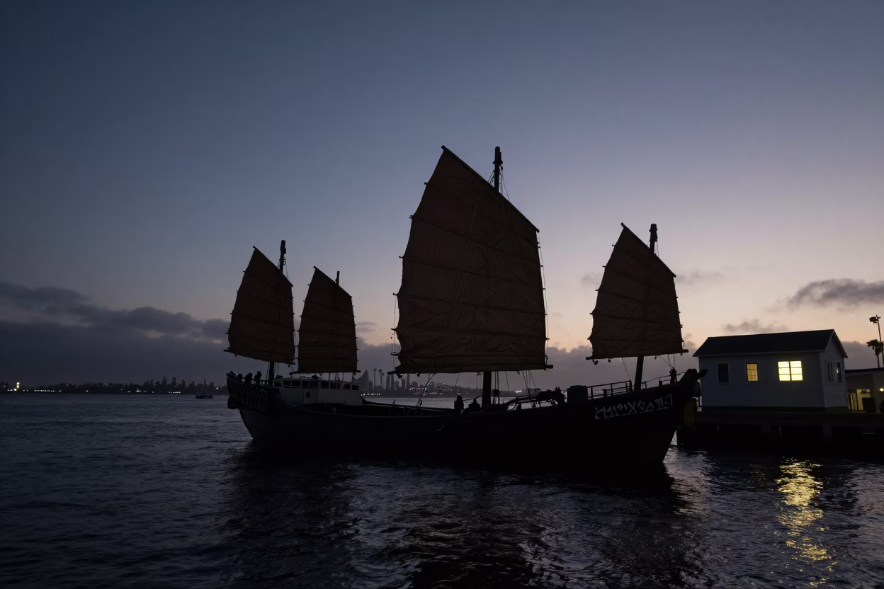 Predawn San Diego Harbor with Chinese Junk and Levee Pump House Glow in in San Diego, California, United States