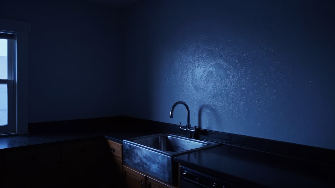 Predawn San Diego Kitchen Interior with Grease Sheen on Wall and Sink in in San Diego, California, United States