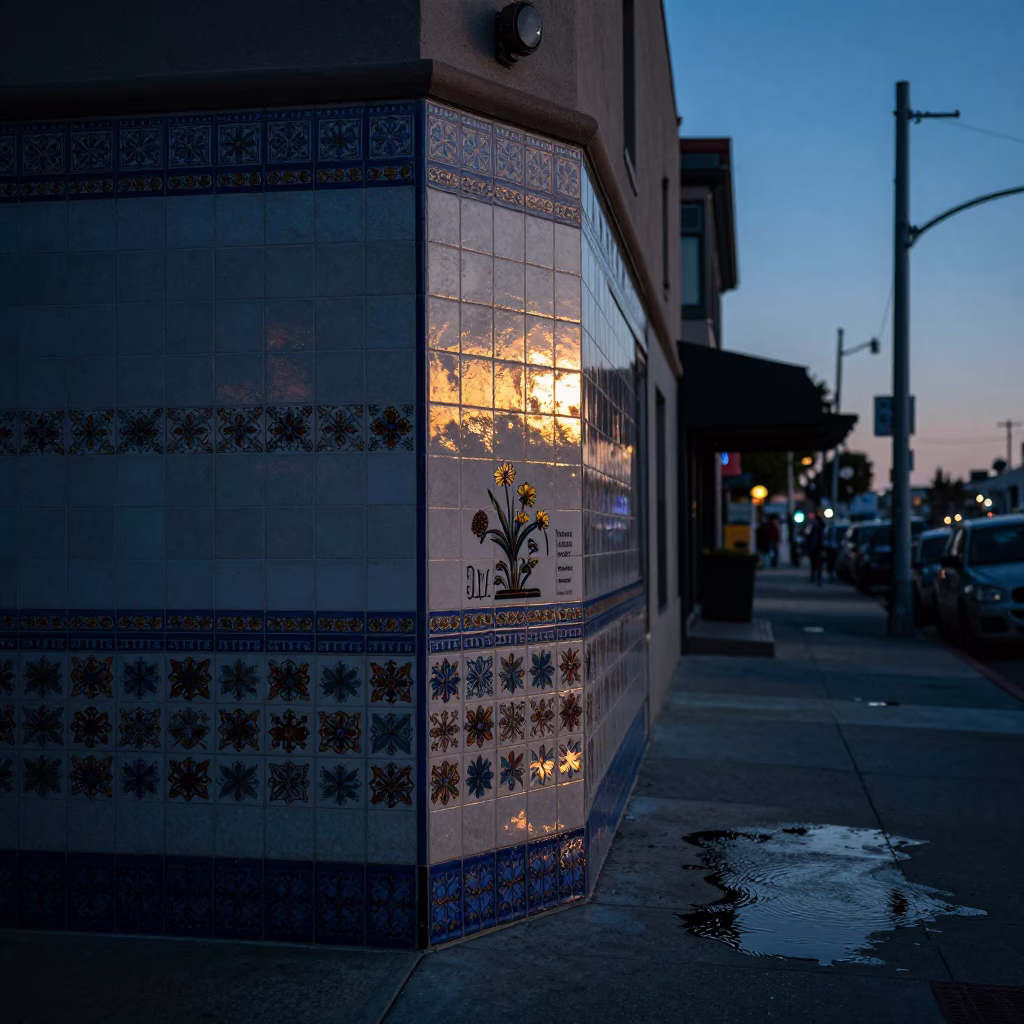 Predawn San Diego Street Scene with Ceramic Tiles and Water Rings on Sill in in San Diego, California, United States